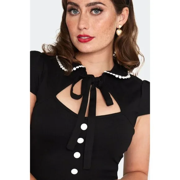 NWT Voodoo Vixen Black Tie Neck Flare Dress Retro Pinup Style - Picture 2 of 11